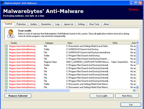 Search and Destroy Scan Results from Anti-Malware
