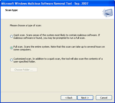 Malicious Software Removal Tool Scan Options