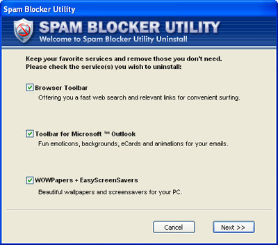 Spam Blocker Utility Uninstall Screen